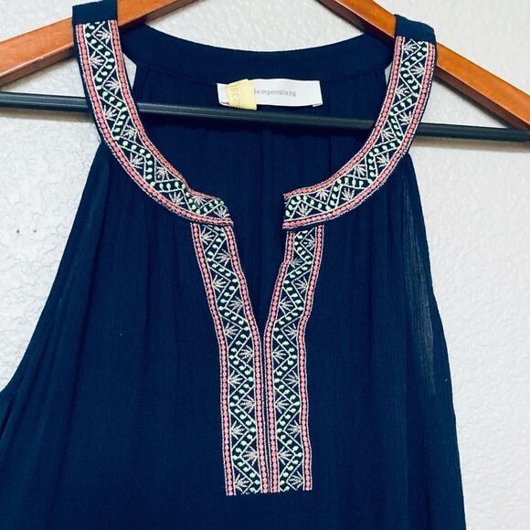 The Impeccable Pig Boho Embroidered Flowy Navy Top - Picture 2 of 3